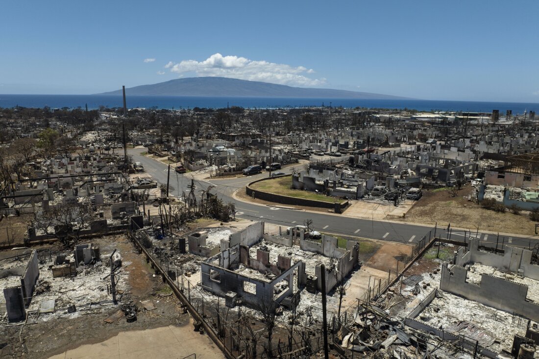 Destroyed homes are visible in the aftermath of a devastating wildfire in Lahaina, Hawaii, Aug. 22, 2023.