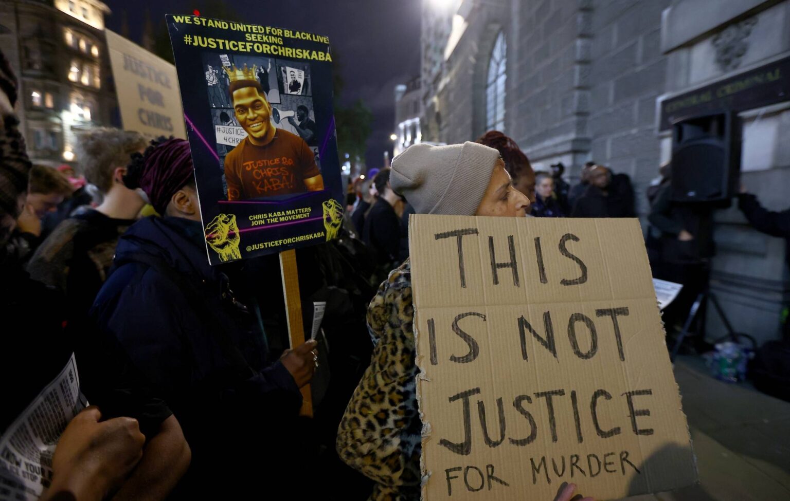 Protesters gather after the trial verdict where Martyn Blake was cleared of murdering Chris Kaba at the Old Bailey, Central Criminal Court on October 21, 2024 in London, England. (Photo by Peter Nicholls/Getty Images)