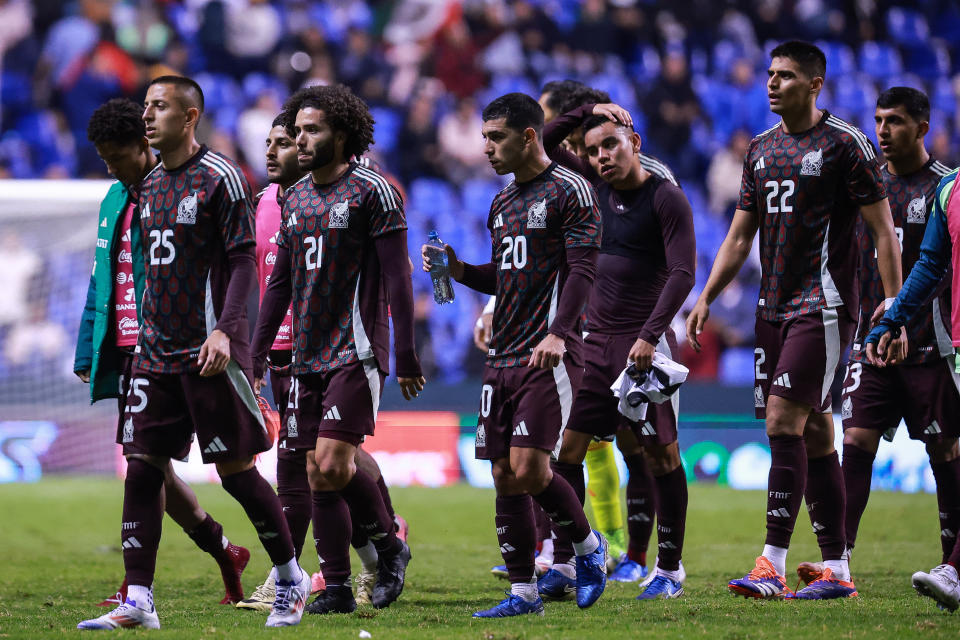 PUEBLA, MEXICO - OCTOBER 12: Roberto Alvarado, Cesar Huerta, Erick Lira and Guillermo Martinez of Mexico walk out the pitch after the draw during the international friendly match between Mexico and Valencia at Cuauhtemoc Stadium on October 12, 2024 in Puebla, Mexico. (Photo by Manuel Velasquez/Getty Images)