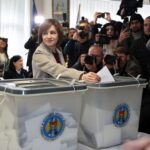 Moldova's incumbent President and presidential candidate Maia Sandu casts her ballots at a polling station, as the country holds a presidential election and a referendum on joining the European Union, in Chisinau, Moldova Oct. 20. Reuters-Yonhap