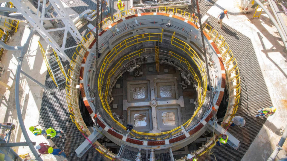 Top-down view of the SLS interstage section installed at a test center.