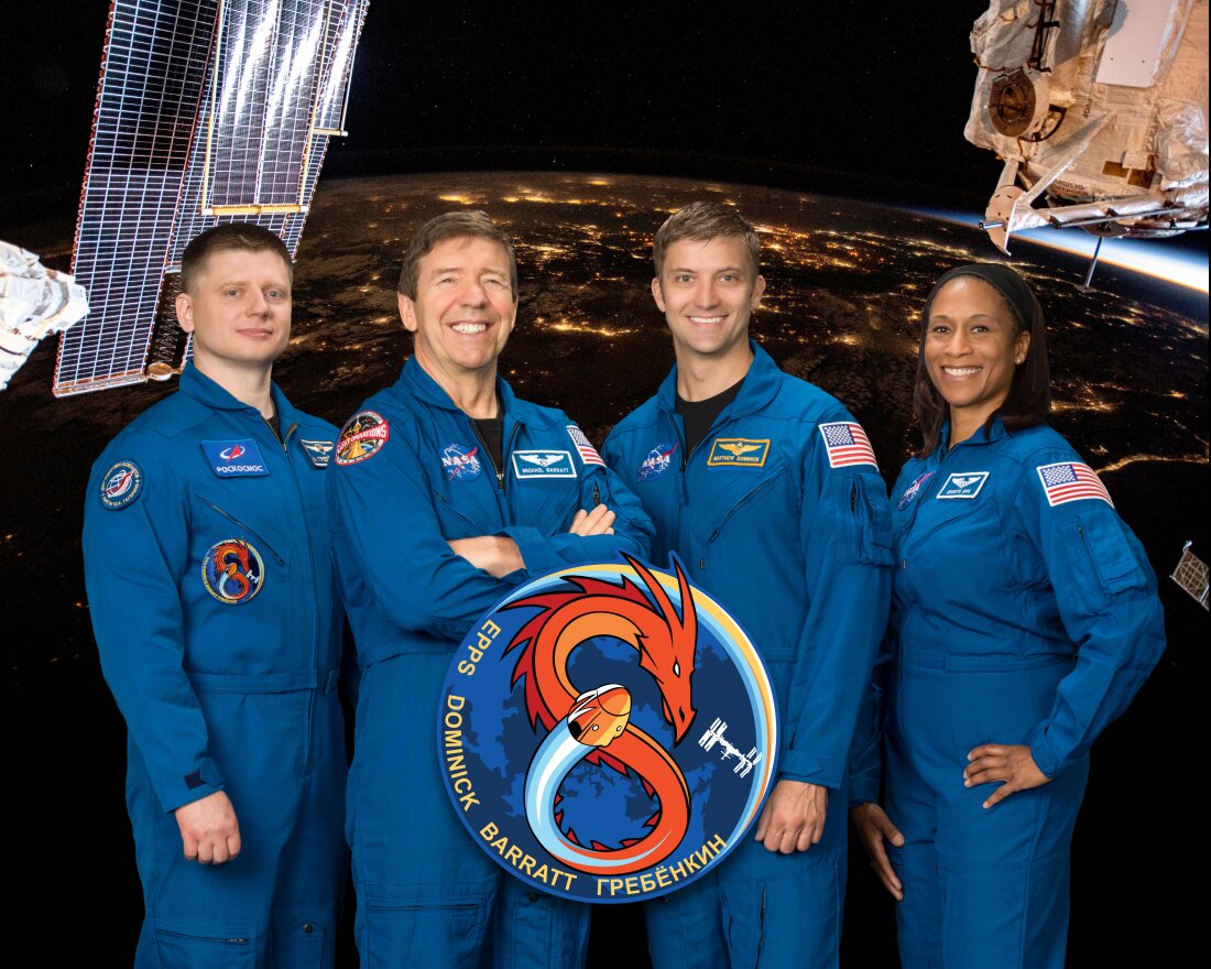 NASA's SpaceX Crew-8 official crew portrait with Matthew Dominick, Michael Barratt, Jeanette Epps, (ROS) Aleksandr Grebenkin.