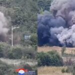 This combined photo shows a photo released by the Korean Central News Agency showing railways and roads being blown up, left, and a photo captured from the footage shared by South Korea's Joint Chiefs of Staff. Yonhap