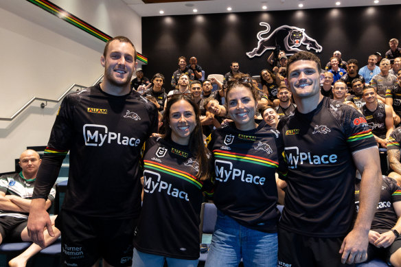 Isaah Yeo and Nathan Cleary with Noemie and Jess Fox at Penrith HQ.