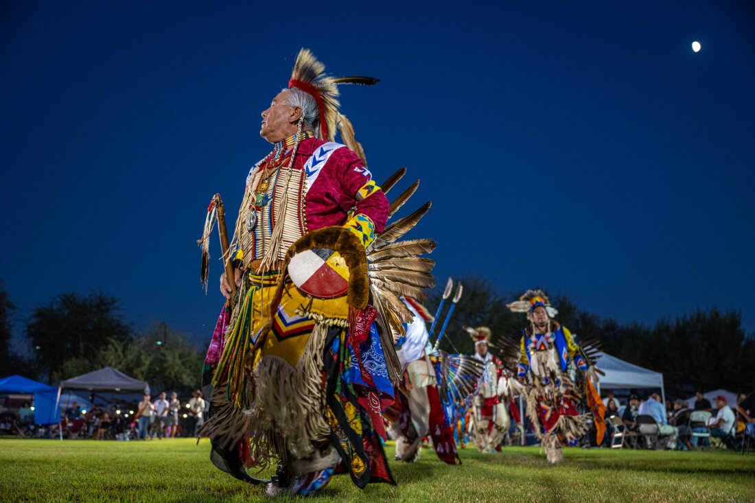 Drummers, dancers and other leaders gather to perform and socialize at the Phoenix Indian Center’s Gourd Dance and Social Powwow in the Steele Indian School Park in Phoenix, Ariz., on Oct. 12, 2024.