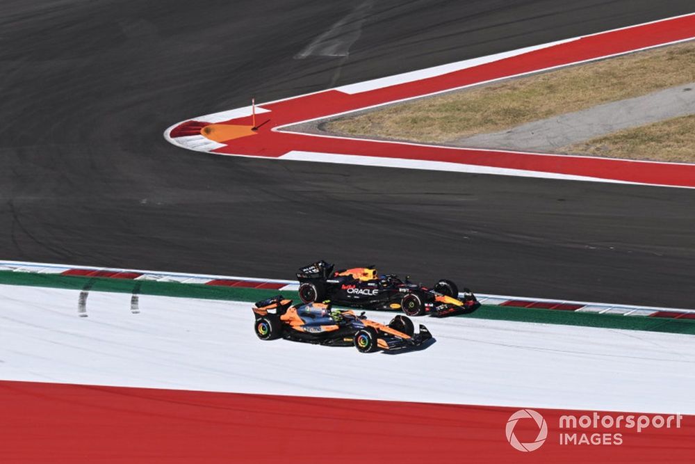 Lando Norris, McLaren MCL38, battles with Max Verstappen, Red Bull Racing RB20