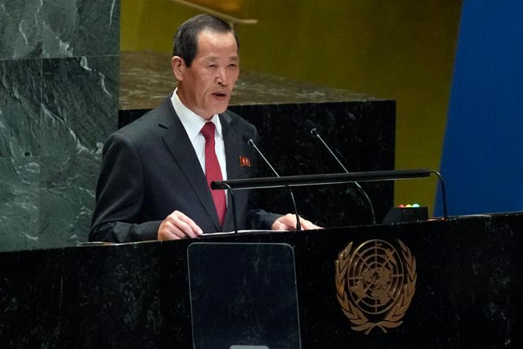 North Korea Ambassador Kim Song addresses the 79th session of the United Nations General Assembly, Sept. 30. AP-Yonhap