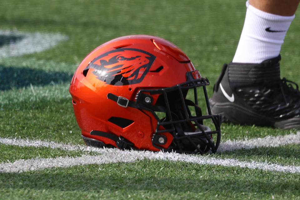 MOBILE, AL - FEBRUARY 01: A general view of an Oregon State Beavers helmet during the National team practice for the Reese's Senior Bowl on February 1, 2024 at Hancock Whitney Stadium in Mobile, Alabama.  (Photo by Michael Wade/Icon Sportswire via Getty Images)