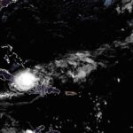 This satellite image from the National Oceanic and Atmospheric Administration taken on the evening of Sunday, Oct. 20, 2024, shows Hurricane Oscar.