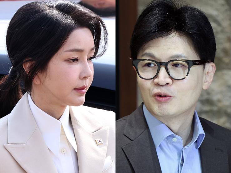 This combined photo shows first lady Kim Keon Hee, left, and ruling People Power Party Chairman Han Dong-hoon. Korea Times file