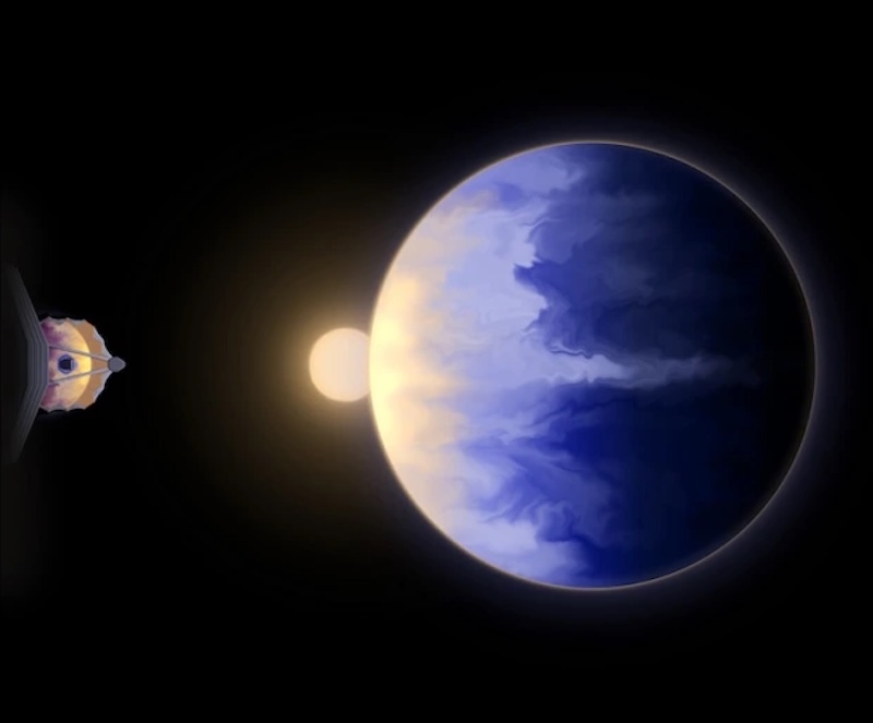 WASP-107 b: Cloudy bluish planet with lighter color on left and darker color on right. Bright sun partly covered by the planet. A spacecraft-like object is pointed toward the planet from the left side.