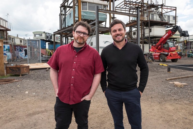 Ernest Cline (left) and Dan Farah on the set of Ready Player One.