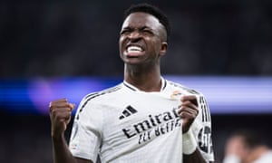 Real Madrid C.F. v Borussia Dortmund - UEFA Champions League 2024/25 League Phase MD3, Spain - 22 Oct 2024<br>Mandatory Credit: Photo by Guillermo Martinez/NurPhoto/REX/Shutterstock (14805995ba)
Vinicius Jr of Real Madrid celebrates a goal during the UEFA Champions League 2024/25 match between Real Madrid and Borussia Dortmund at Santiago Bernabeu Stadium in Madrid, Spain, on October 22.
Real Madrid C.F. v Borussia Dortmund - UEFA Champions League 2024/25 League Phase MD3, Spain - 22 Oct 2024