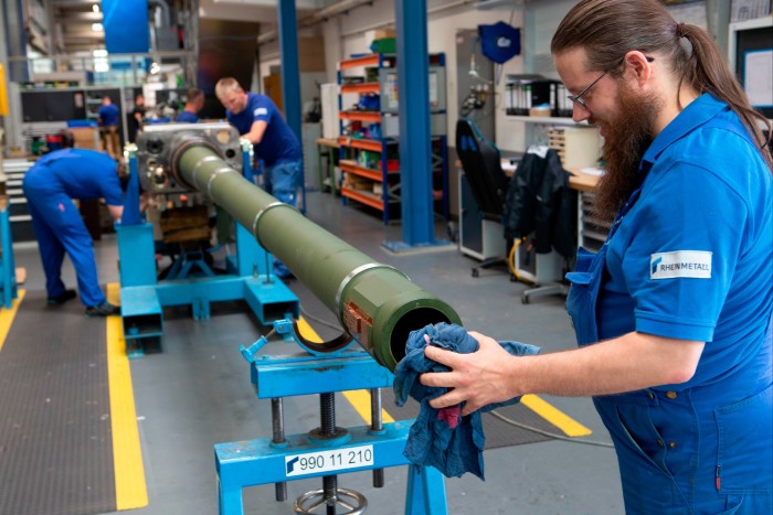 A Rheinmetall production line working on barrels for the Leopard 2 tank