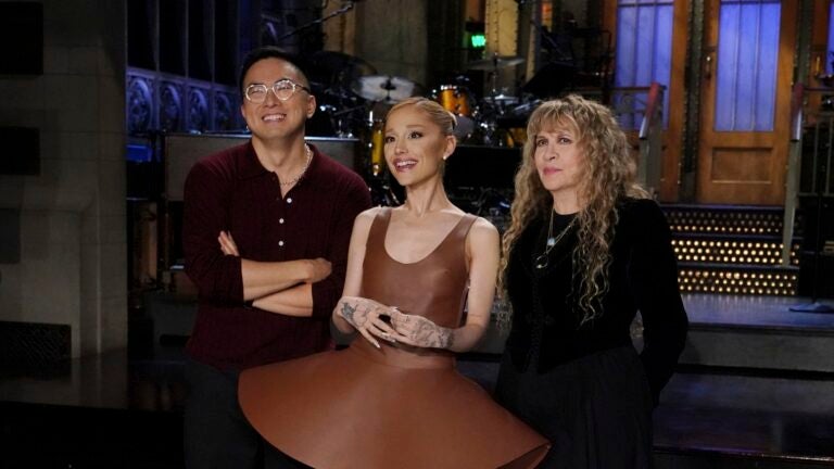 "SNL" cast member Bowen Yang, host Ariana Grande, and musical guest Stevie Nicks pictured before the October 12 episode of "Saturday Night Live."