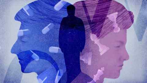 An illustration of a man’s head in transparent blue, with pharmaceutical pills floating within the image, which intersects with a woman’s head in transparent purple which has chess pieces overlayed, with the silhouette of a man layered behind them