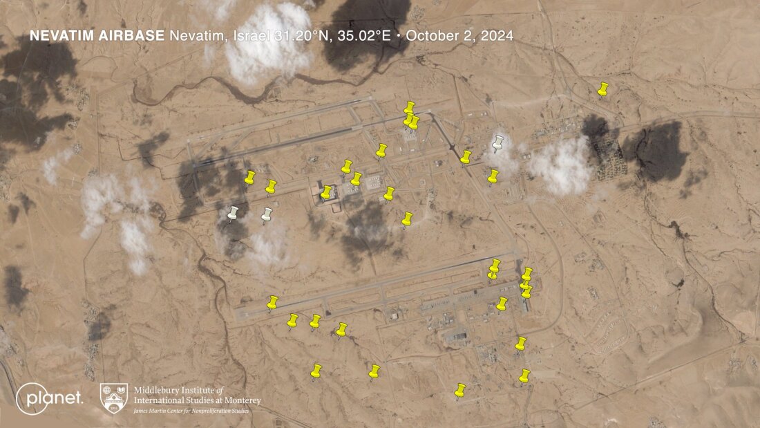 Researchers counted around 32 points where missiles landed around Nevatim Airbase in southern Israel. Israel says no fighter jets were destroyed and the base continues to operate.