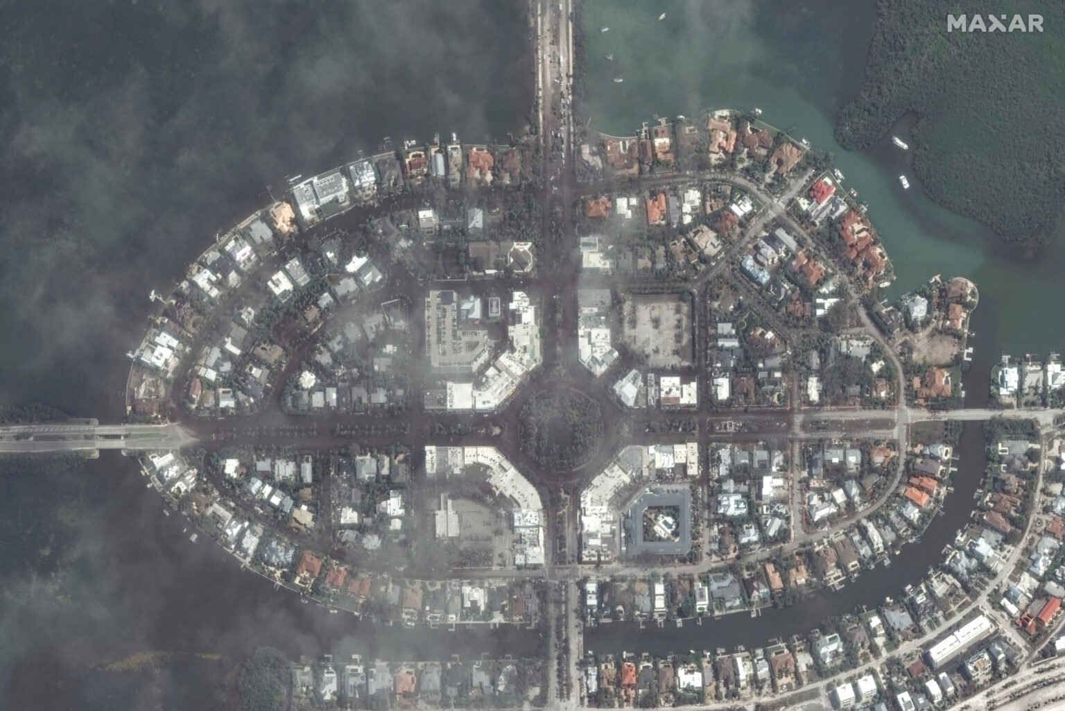 A satellite view shows flooded streets in St. Armands Key after the passing of Hurricane Milton, in Sarasota, Florida