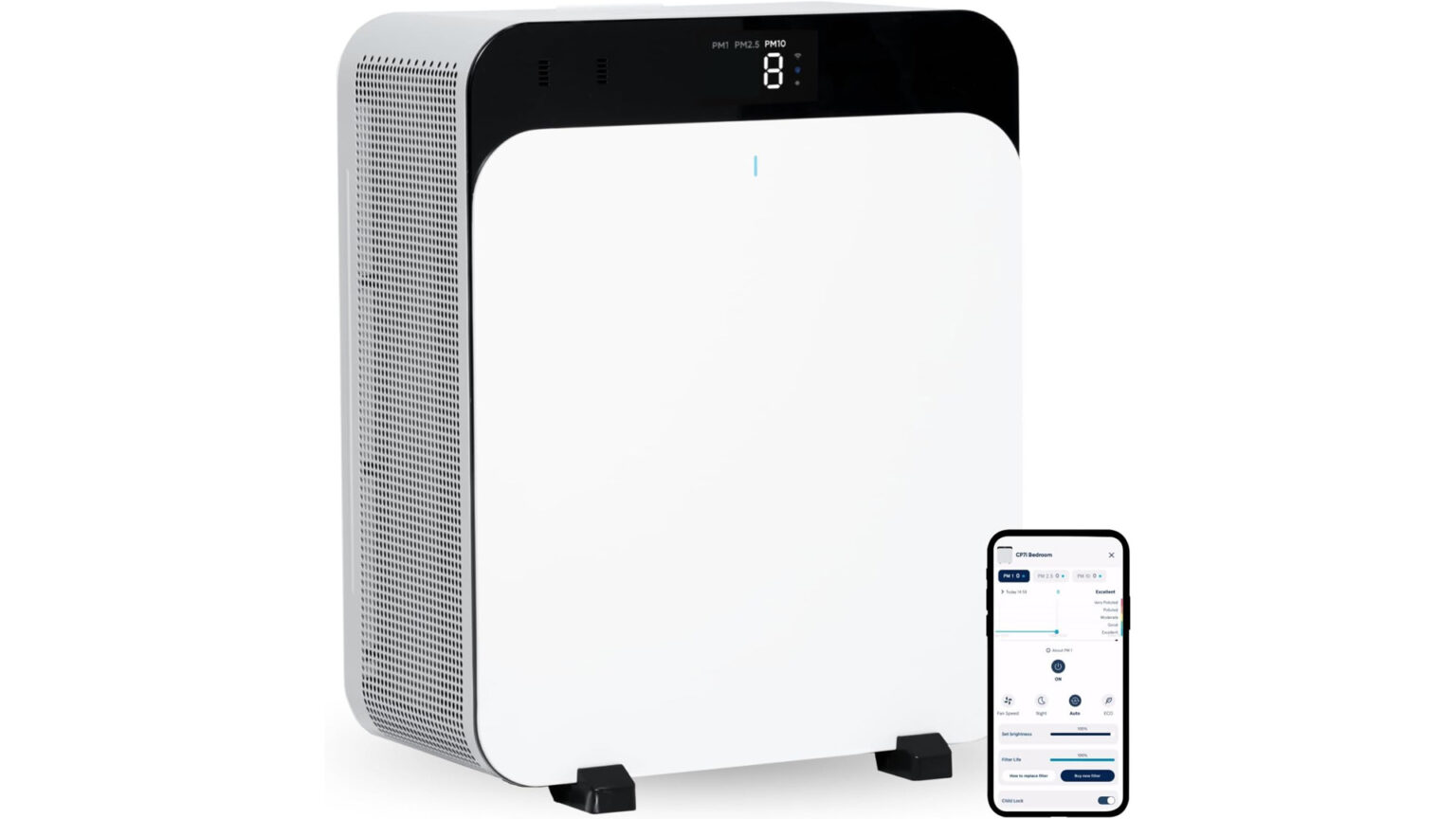 A BlueAir Classic Pro CP7i purifier, on a white background, with the app on a phone.