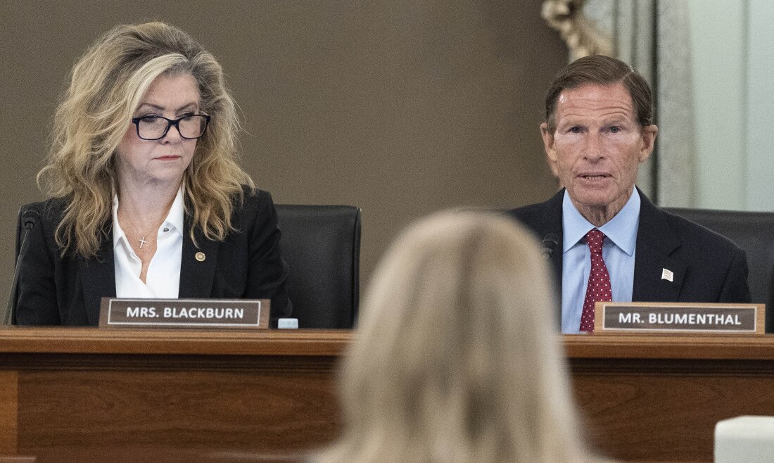 FILE - Sen. Marsha Blackburn, R-Tenn., left, and Sen. Richard Blumenthal, D-Conn., right speak during a hearing, Oct. 5, 2021, in Washington.