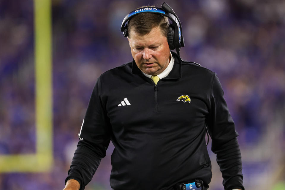 LEXINGTON, KENTUCKY - AUGUST 31: Head coach Will Hall of the Southern Miss Golden Eagles is seen during the game against the Kentucky Wildcats at Kroger Field on August 31, 2024 in Lexington, Kentucky. (Photo by Michael Hickey/Getty Images)