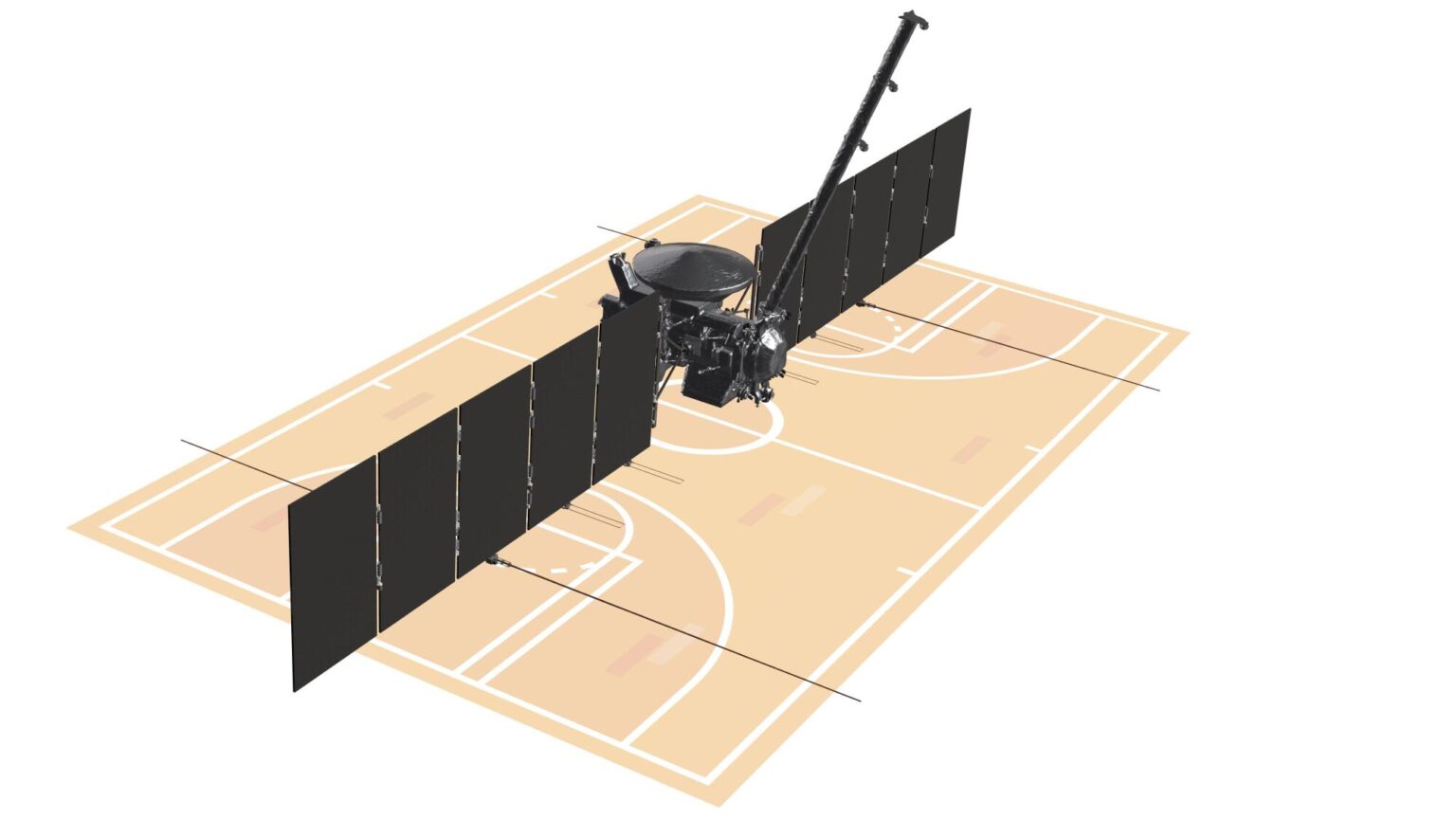 A graphic comparing the size of the Europa Clipper spacecraft to a basketball court.