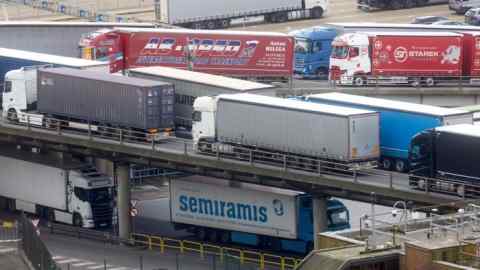 Trucks leave the Port of Dover