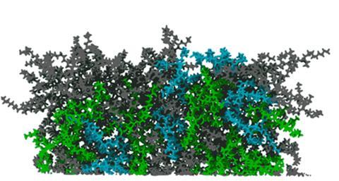 A digital representation of grey, green and blue polymer chains