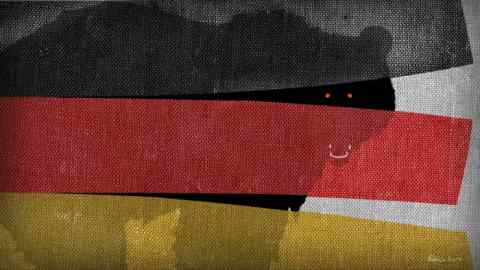 Illustration of the German flag with a shadow of a bear representing Russia