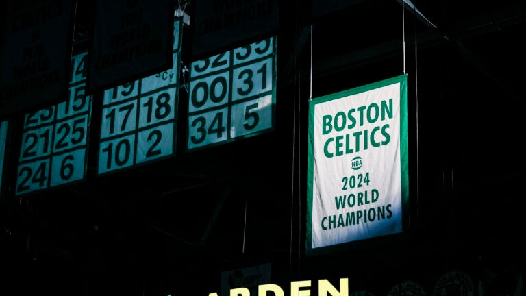 The No. 18 NBA championship banner raises into the rafters of TD Garden to commemorate the Boston Celtics 2024 NBA title.