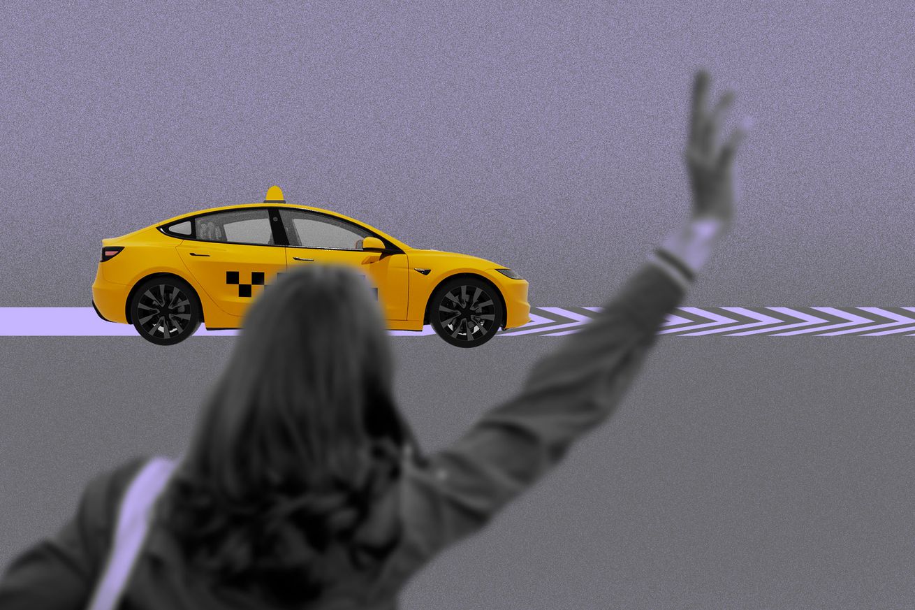 Photo illustration of a rider attempting to hail a Tesla Robotaxi.