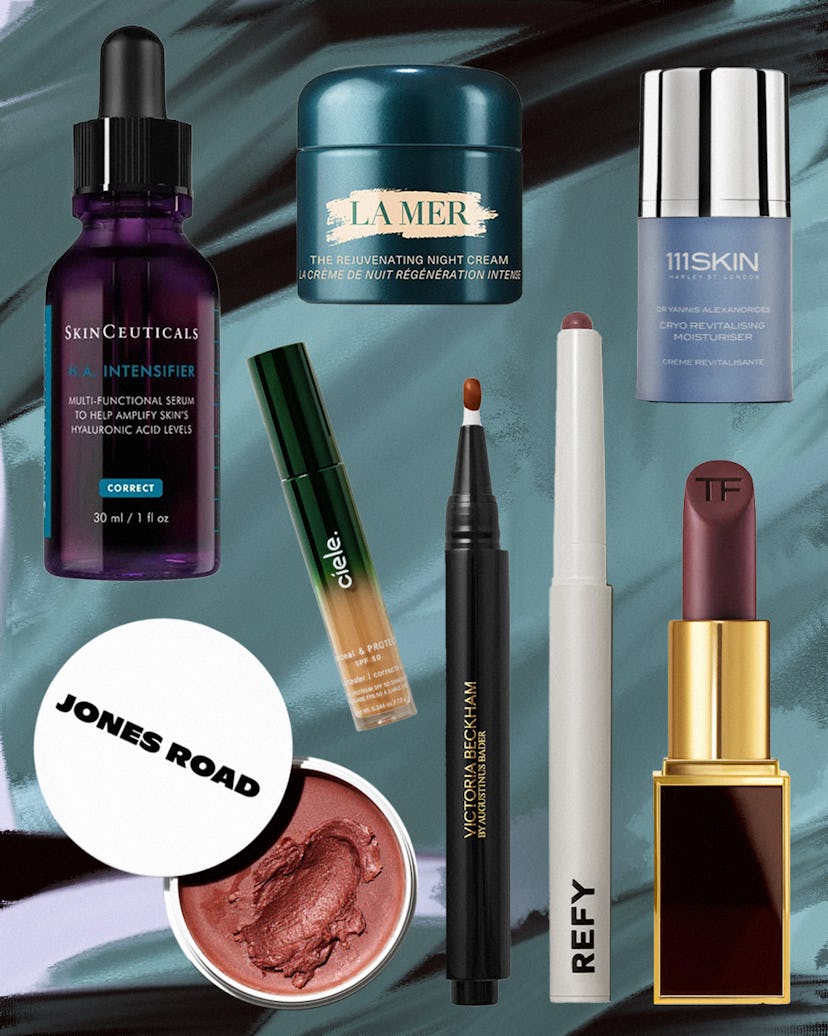 A collage of products from brands SkinCeuticals, La Mer, 111SKIN, Tom Ford, Refy, Victoria Beckham, ...