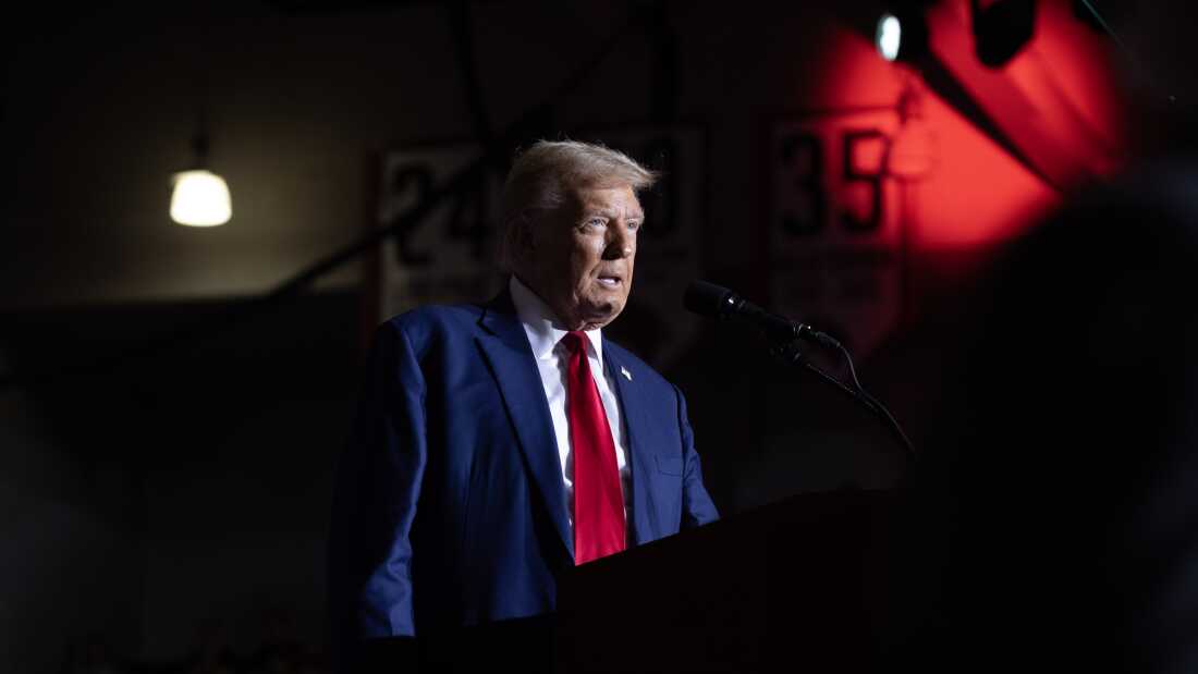 Republican presidential nominee former US President Donald Trump speaks to supporters during a campaign event at Saginaw Valley State University on October 03, 2024 in Saginaw, Michigan.