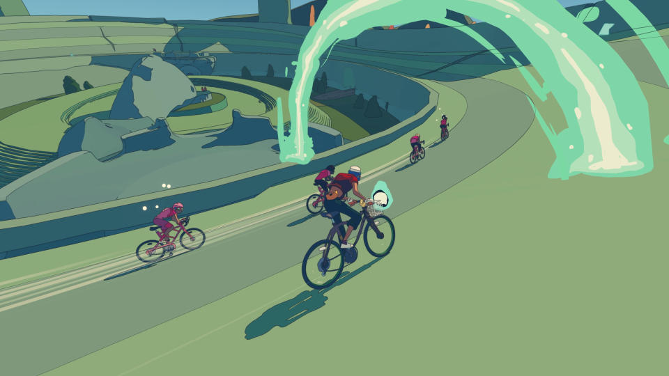 Gameplay screen from the upcoming Wheel World. A person racing other cyclists.