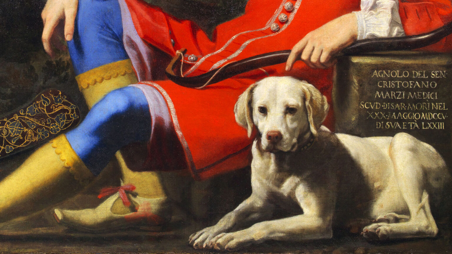 Painting of a pre-Industrial Revolution nobleman reclining next to a yellow labrador retriever