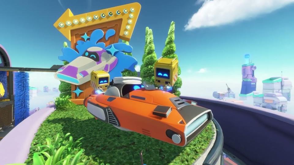 Still from an Astro Bot speedrun level. The robot sits in a floating car next to a car wash sign.