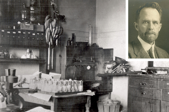 A black-and-white photograph of Columbia University's Fly Room in 1918 next to a smaller photograph of Thomas Hunt Morgan