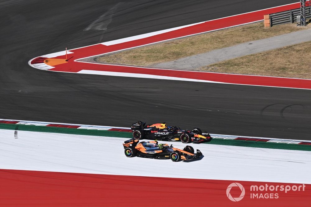 Lando Norris, McLaren MCL38, battles with Max Verstappen, Red Bull Racing RB20