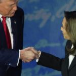 Republican presidential nominee former President Donald Trump and Democratic presidential nominee Vice President Kamala Harris shake hands before the start of an ABC News presidential debate at the National Constitution Center, Tuesday, Sept. 10, 2024, in Philadelphia.  - Sputnik International, 1920, 10.10.2024