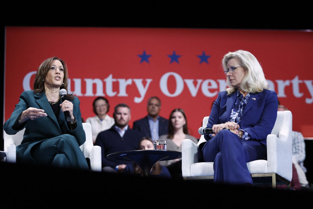 Vice President Harris speaks during a moderated conversation with former Rep. Liz Cheney in Brookfield, Wisc., on Monday. They spoke in front of a banner reading