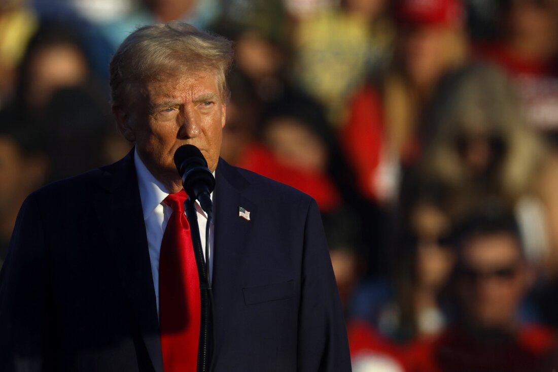 Republican presidential nominee, former President Donald Trump addresses a campaign rally at the Butler Farm Show grounds on Sunday in Butler, Pa. This was the first time that Trump has returned to Butler since he was injured during an attempted assassination on July 13.