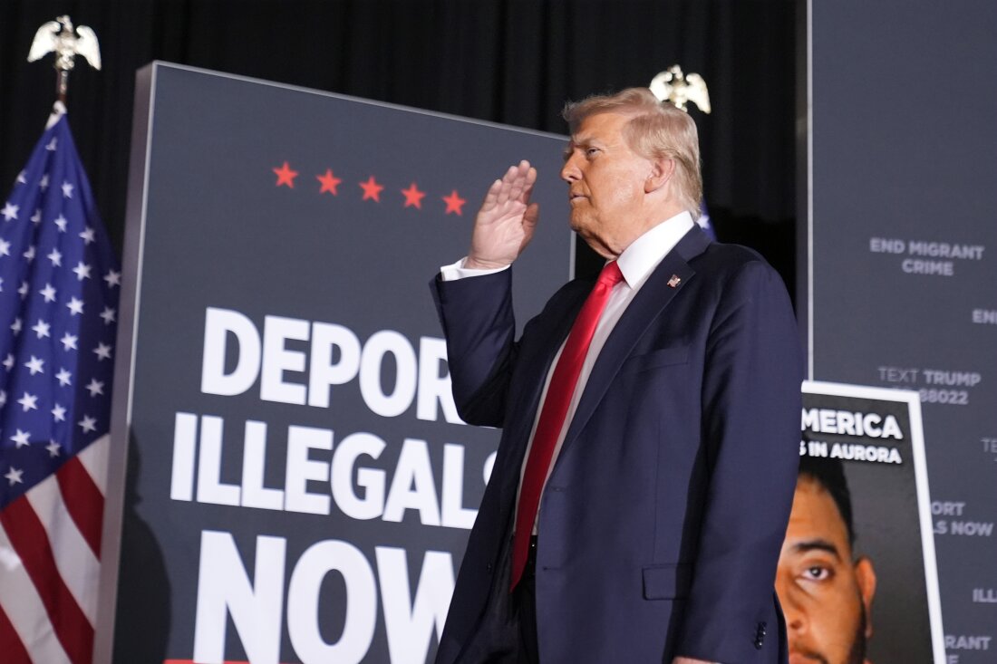 Republican presidential nominee former President Donald Trump salutes in Aurora, Colo.