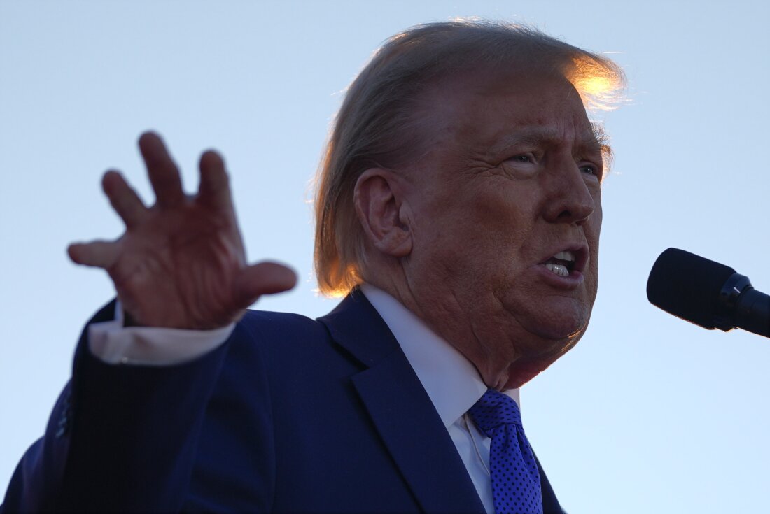 Republican presidential nominee former President Donald Trump speaks during a campaign rally at Arnold Palmer Regional Airport on Saturday in Latrobe, Pa.