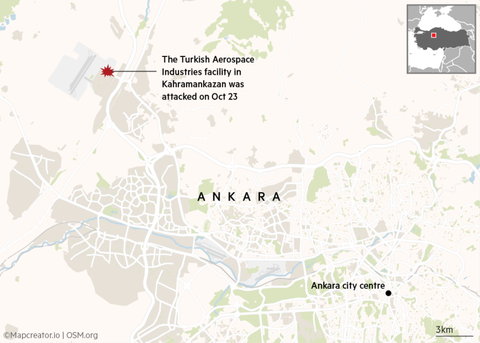 Map of the October 23 deadly attack at the Turkish Aerospace Industries facility in Kahramankazan