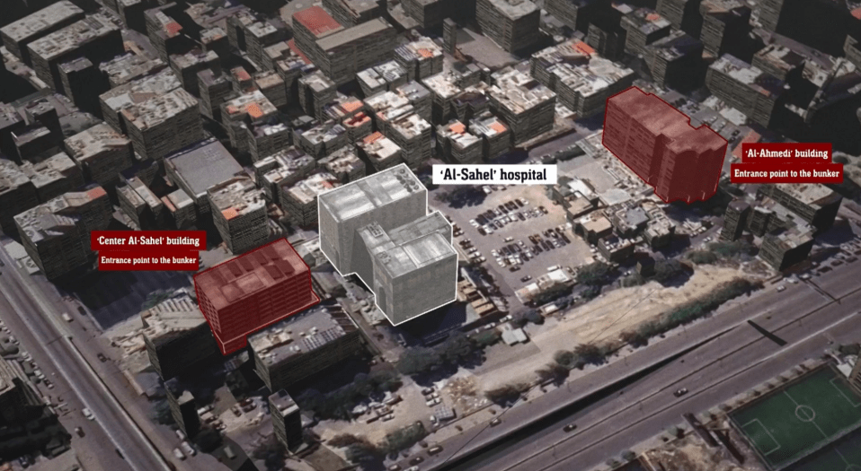 The IDF graphic showing the hospital and two other buildings they believe Hezbollah use as a financial HQ