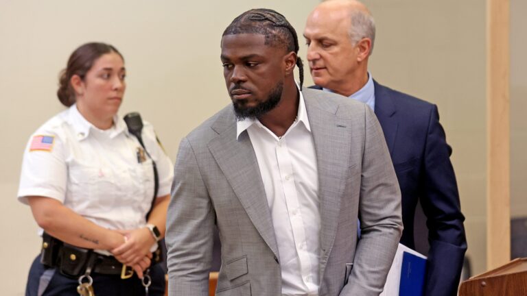 Patriots safety Jabrill Peppers leaves his arraignment at Quincy District Court after being arrested Saturday morning.