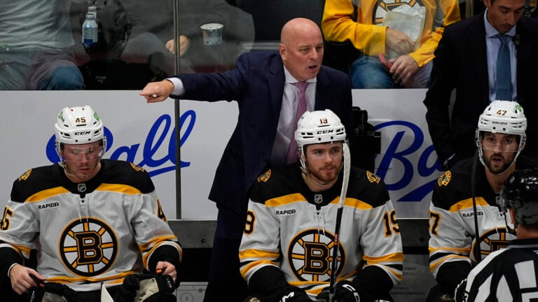 Boston Bruins head coach Jim Montgomery () in the third period of an NHL hockey game Wednesday, Oct. 16, 2024, in Denver.