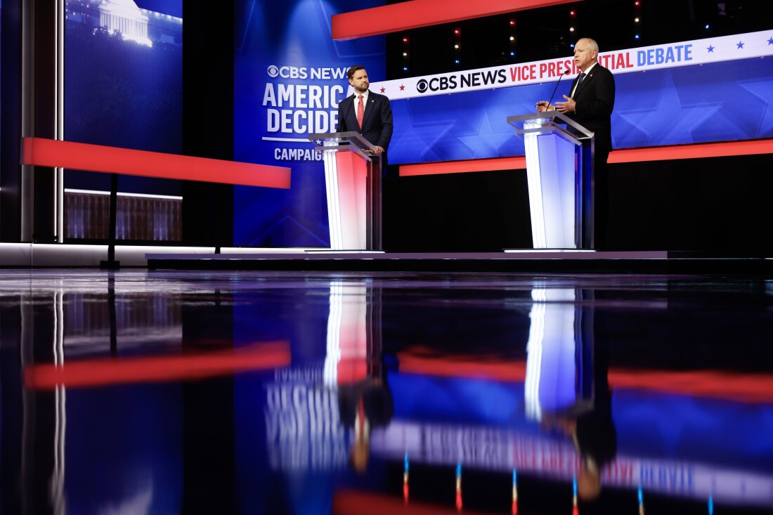 Republican vice presidential candidate, Sen. JD Vance, and Democratic vice presidential candidate, Minnesota Gov. Tim Walz, participate in a debate at the CBS Broadcast Center on Oct. 1, 2024 in New York City.