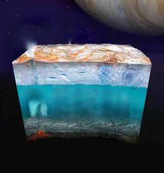 an illustrated proposed cross-section of Europa showing a thick layer of ice underneath