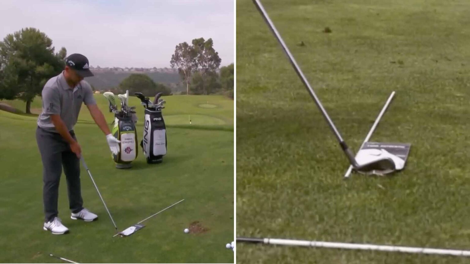 xander schauffele sets up his club behind a golve box on the ground